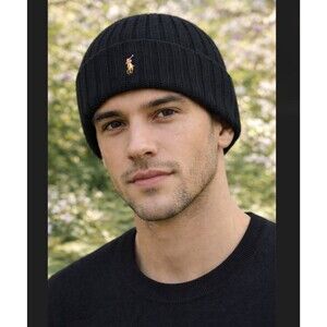 Polo Ralph Lauren Wool Blend Cuffed Beanie Black Rib Knit Logo Flesh Pony PP0054